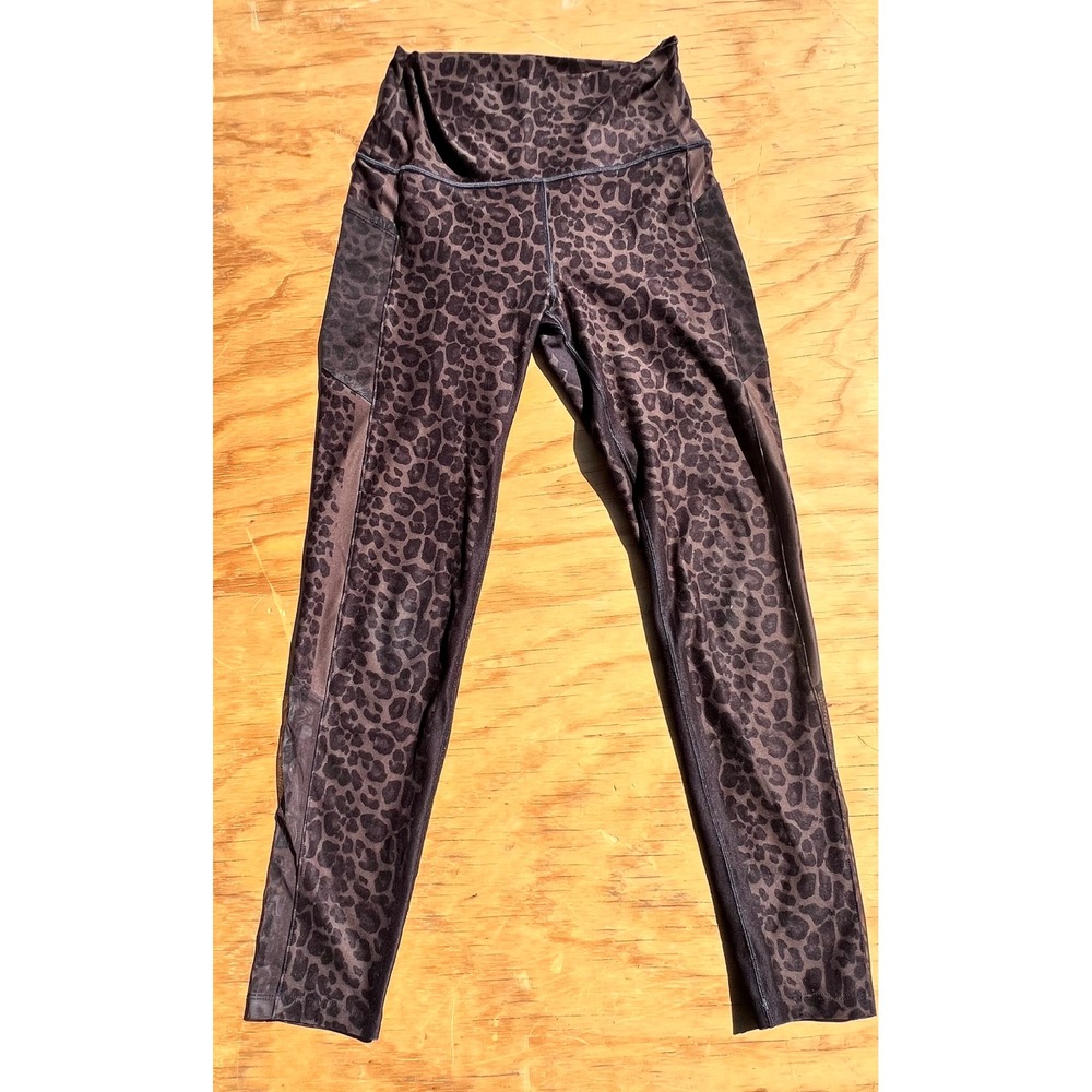 WITH Leopard Print High Rise Mesh Panel Leggings with Pockets Brown Black